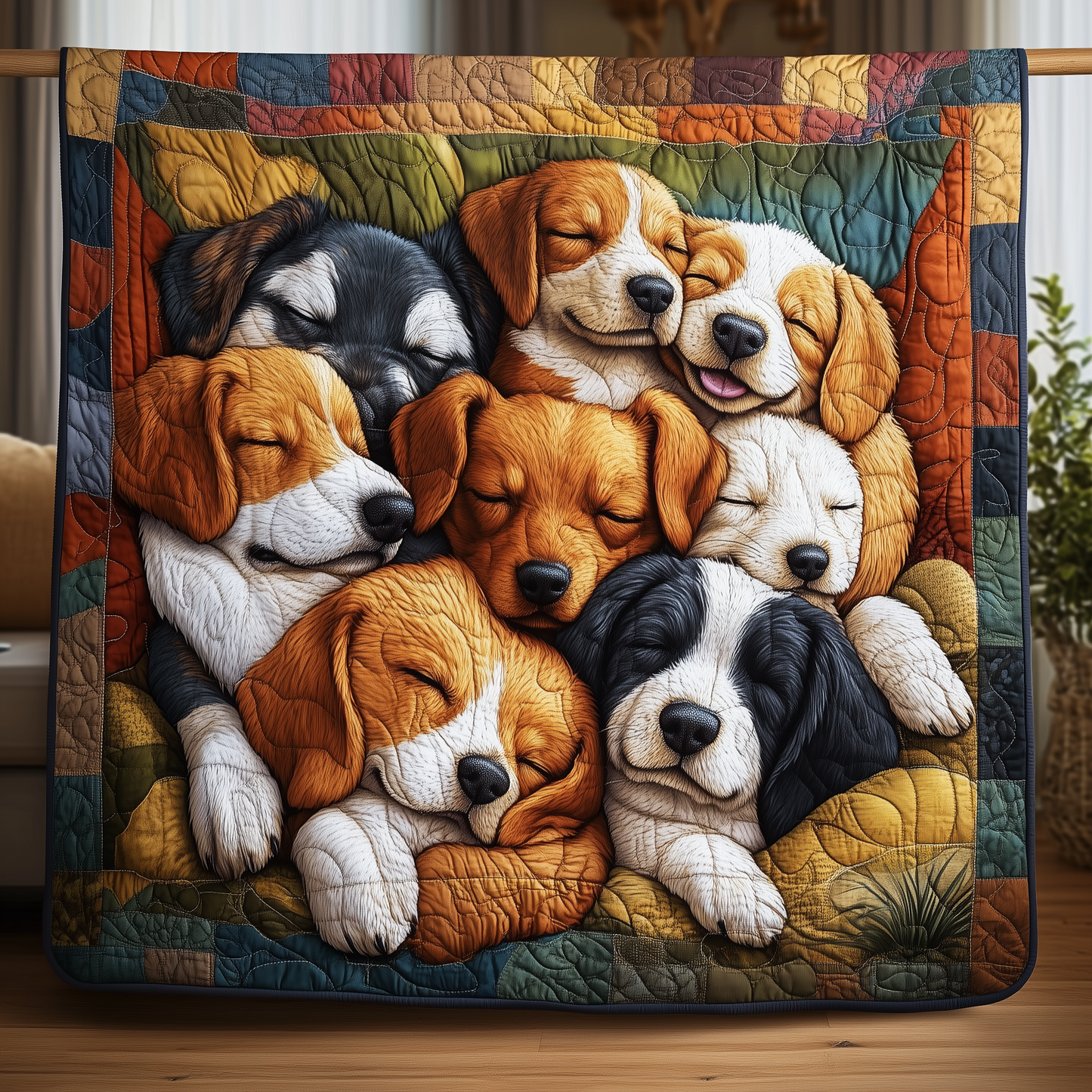 Floral Sleeping Dog Family Quilted Blanket FDFNL06