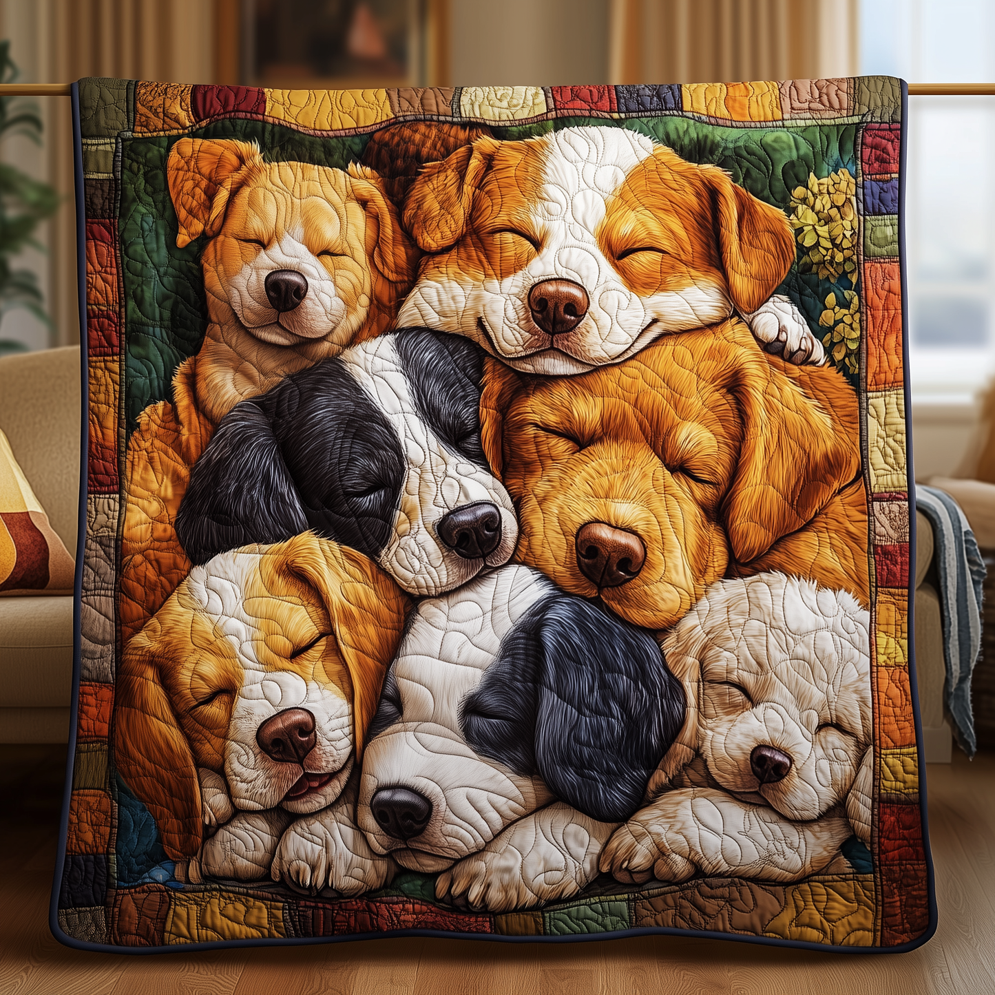 Floral Sleeping Dog Family Quilted Blanket FDFNL04