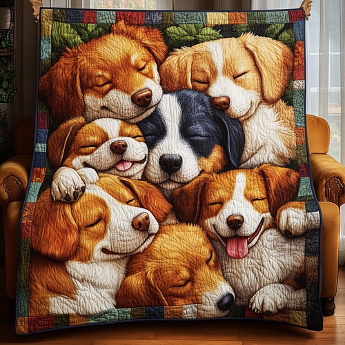 Floral Sleeping Dog Family Quilted Blanket FDFNL02