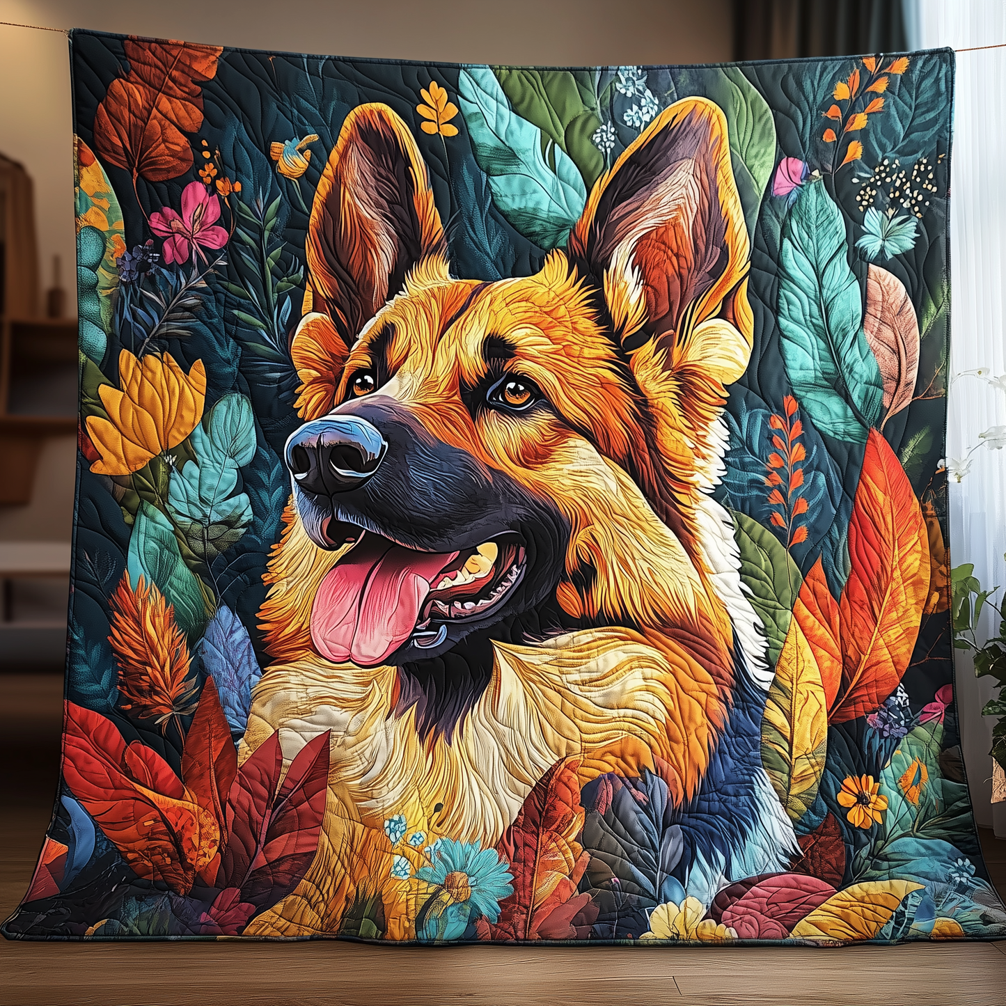 Floral German Shepherd Quilted Blanket FGSNL02