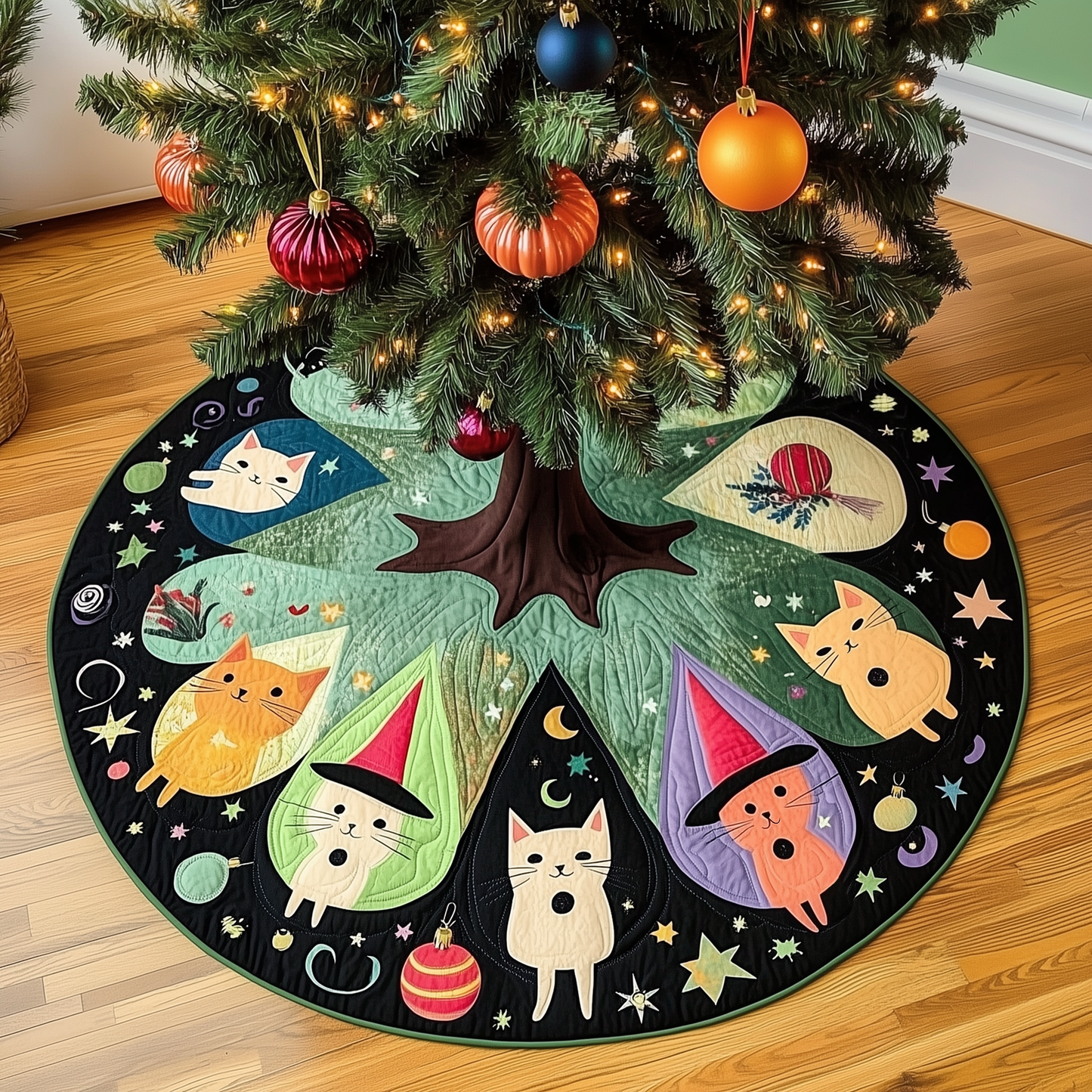 Halloween Christmas Cat Quilted Tree Skirt GFTOAB061