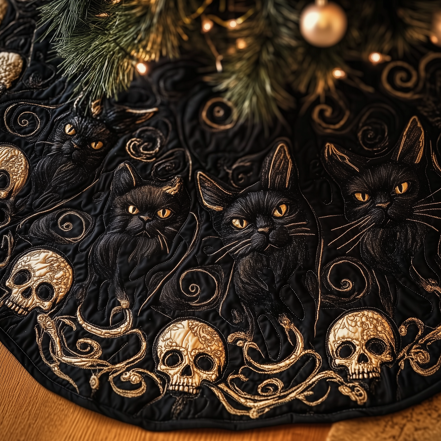 Christmas Skull And Black Cat Quilted Tree Skirt GFTOAB1134