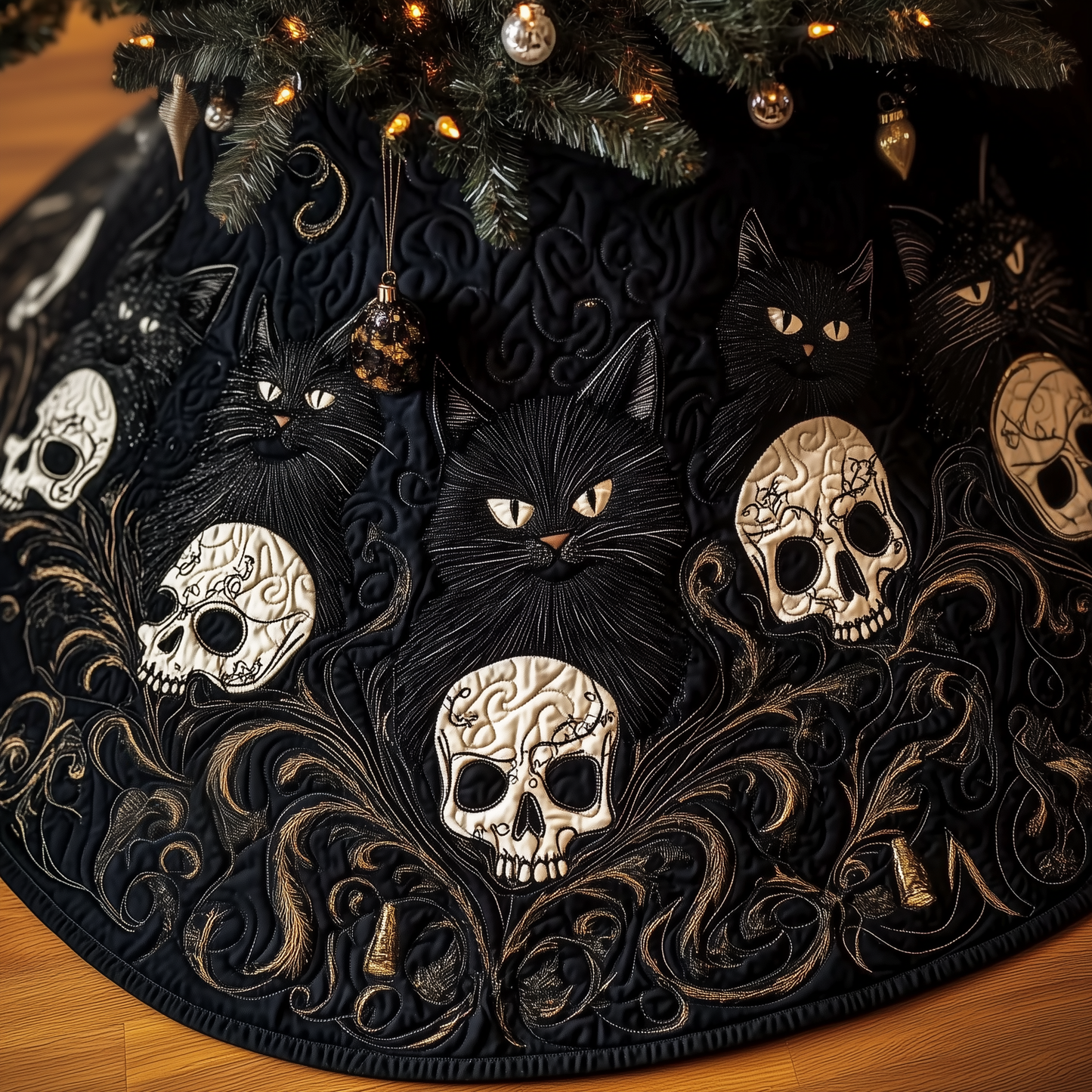 Christmas Skull And Black Cat Quilted Tree Skirt GFTOAB1136