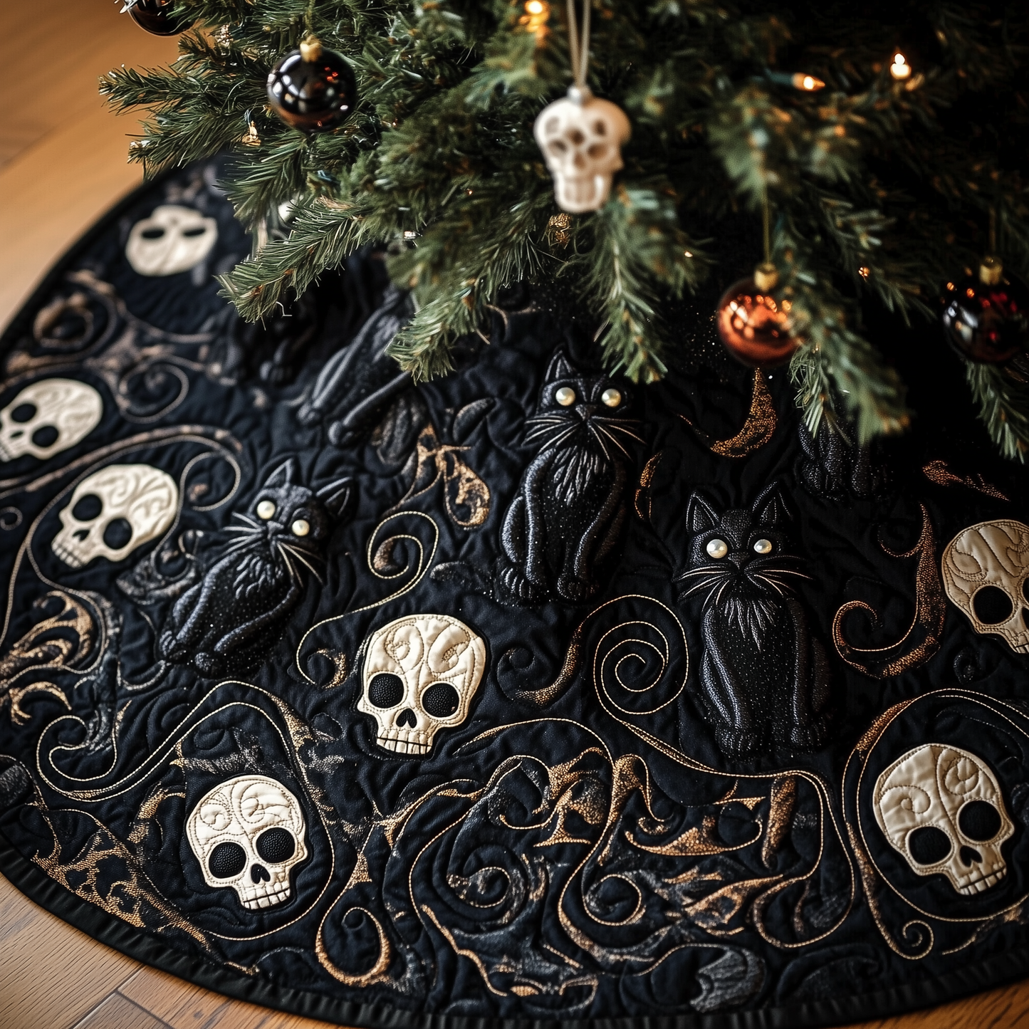 Christmas Skull And Black Cat Quilted Tree Skirt GFTOAB1138