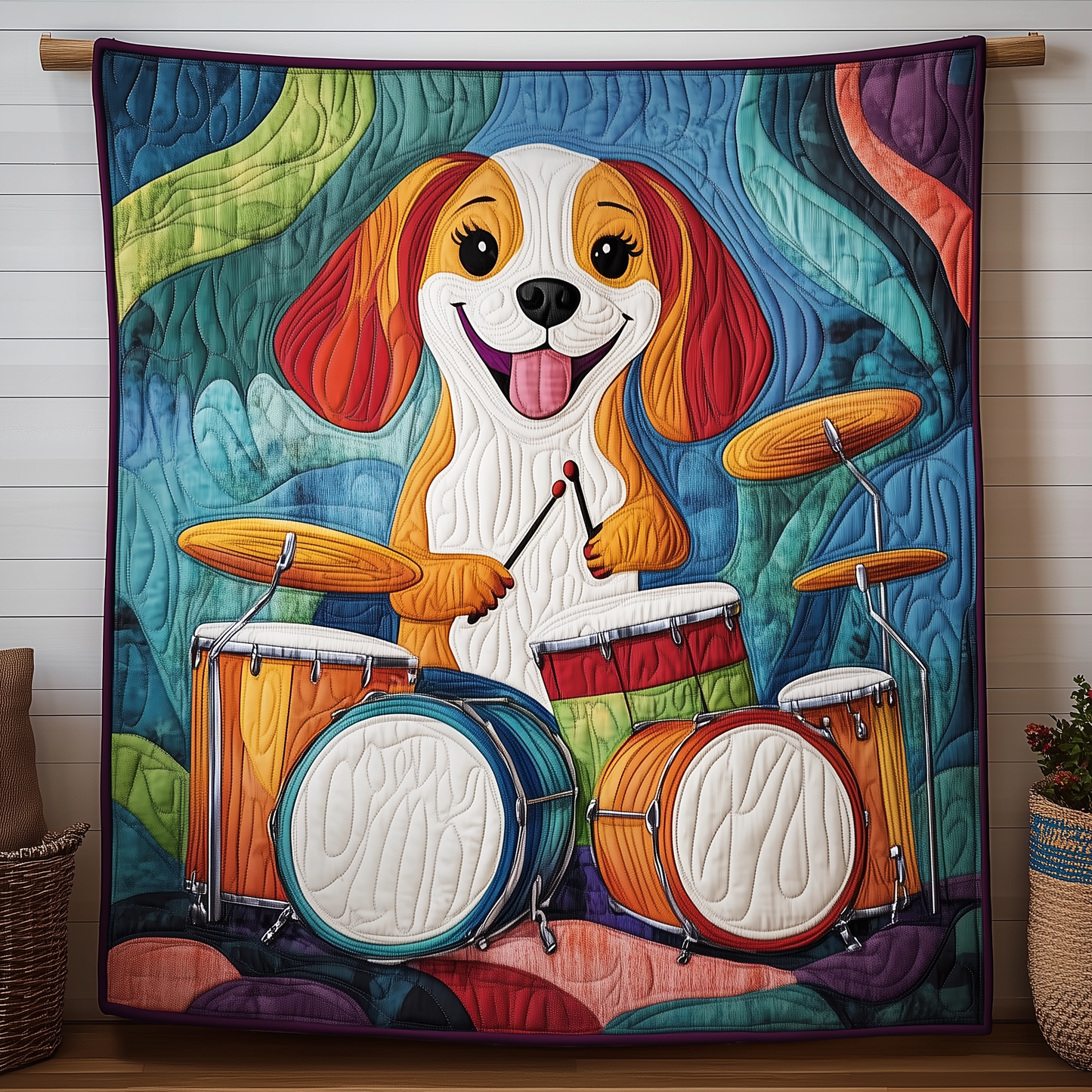 Dog Playing Drums Quilted Blanket GFTOAB160