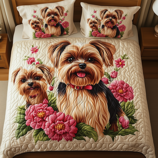 Floral Yorkshire Terrier 3-Piece Quilted Bedding Set GFTOAB271