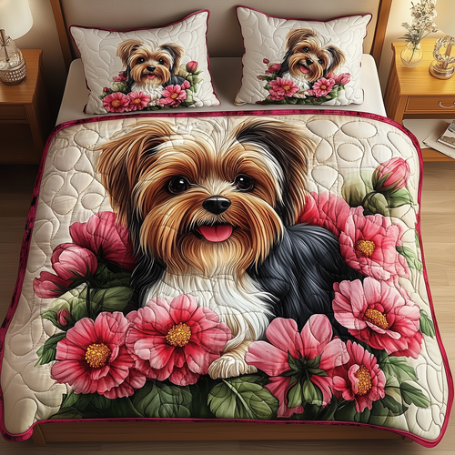 Floral Yorkshire Terrier 3-Piece Quilted Bedding Set GFTOAB272