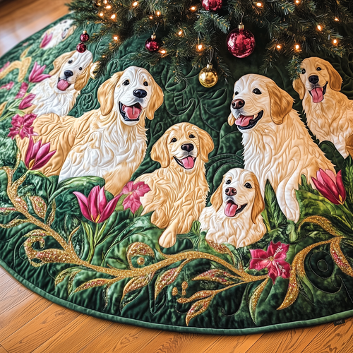 Christmas Tulip Golden Retriever Quilted Tree Skirt GFTOAB536