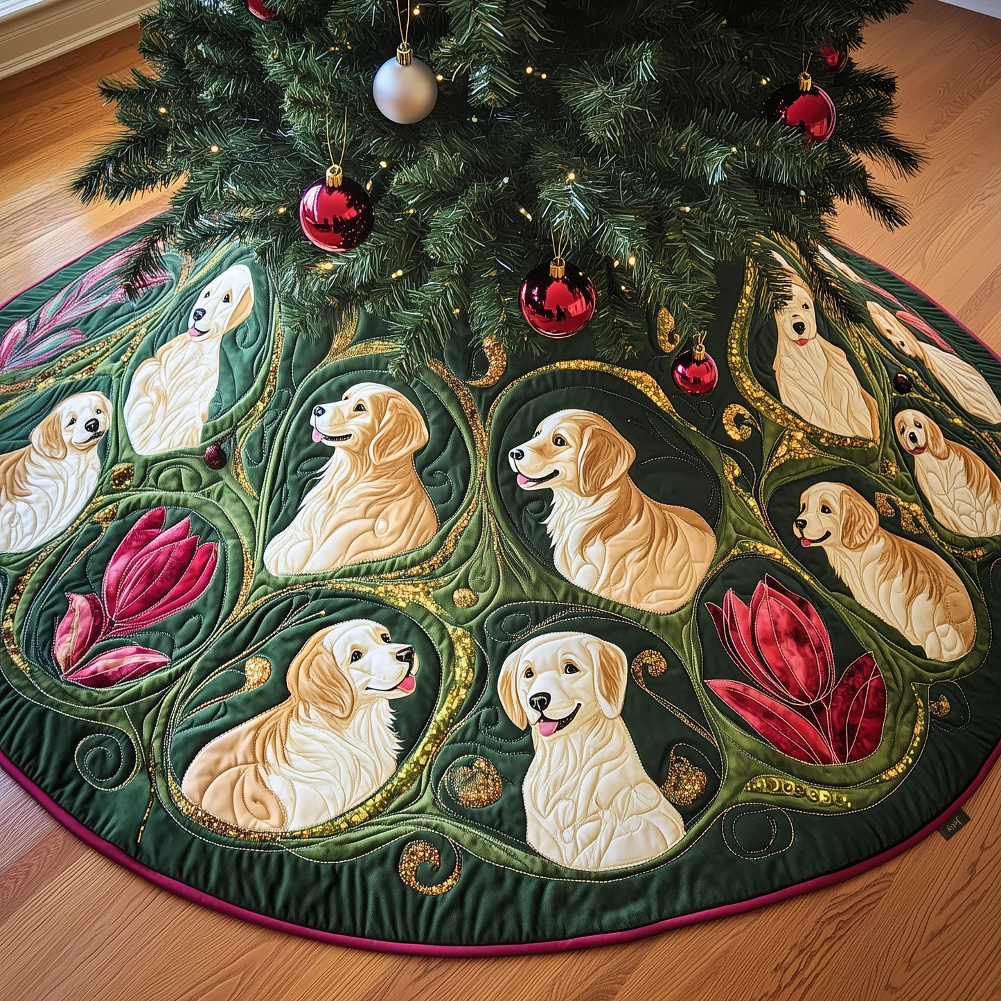 Christmas Tulip Golden Retriever Quilted Tree Skirt GFTOAB538