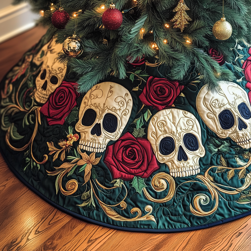 Christmas Red Rose Skull Quilted Tree Skirt GFTOAB700