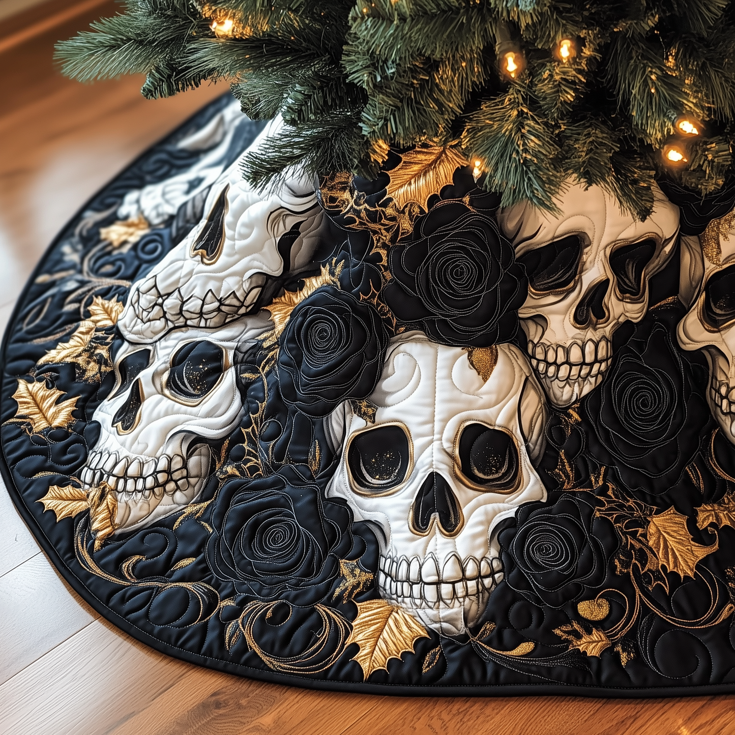 Christmas Black Rose Skull Quilted Tree Skirt GFTOAB706