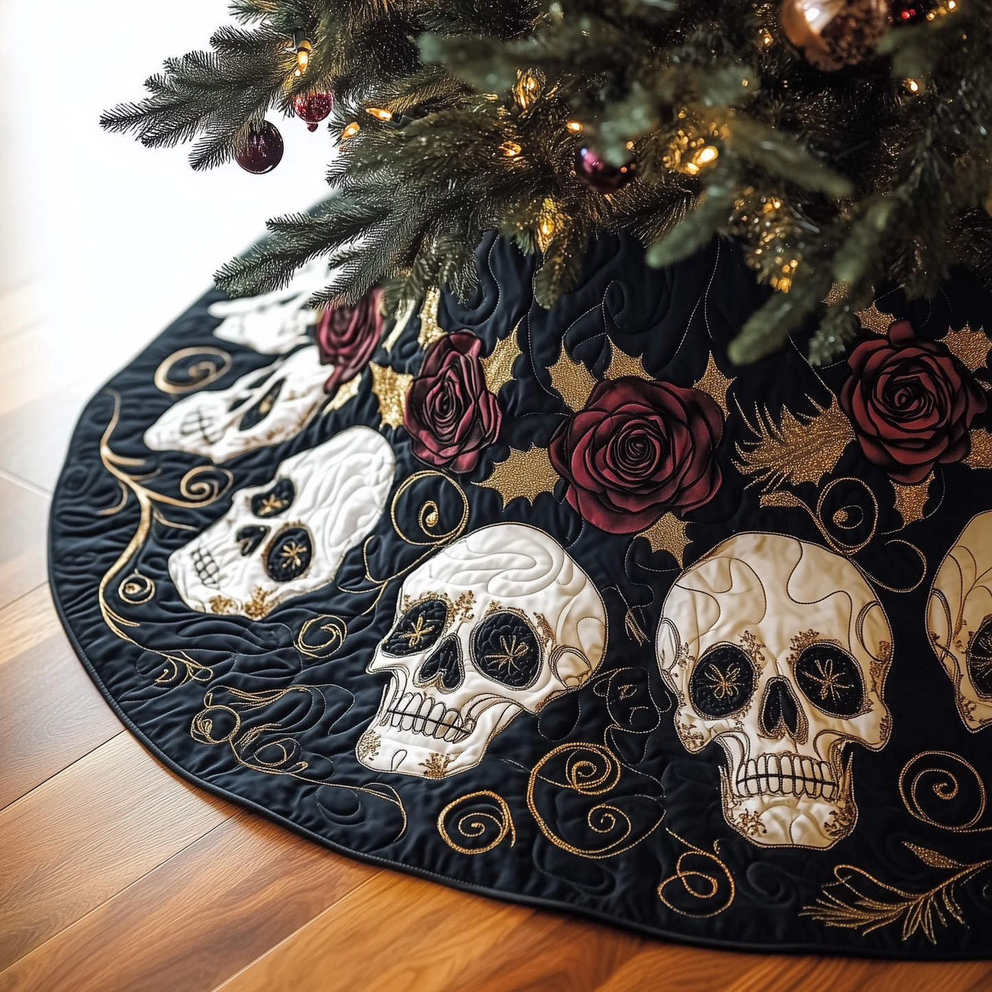 Christmas Red Rose Skull Quilted Tree Skirt GFTOAB707