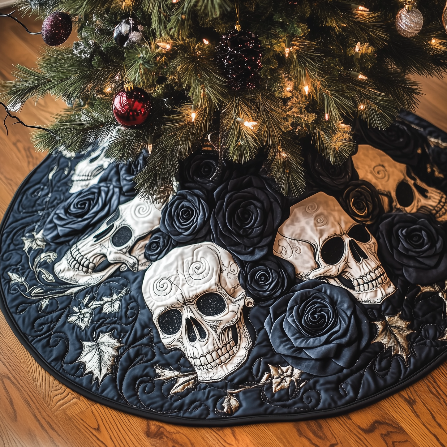 Christmas Black Rose Skull Quilted Tree Skirt GFTOAB709