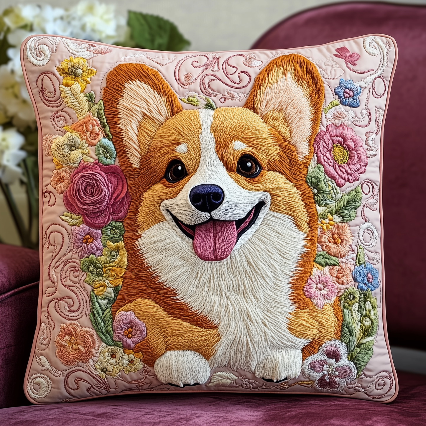 Floral Corgi Quilted Pillow Case GFTOAB760