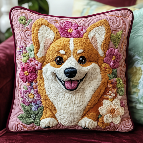 Floral Corgi Quilted Pillow Case GFTOAB761