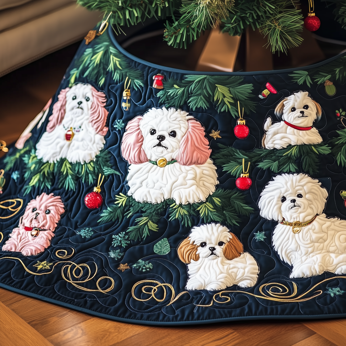 Christmas Bichon Frise Quilted Tree Skirt GFTOAB851