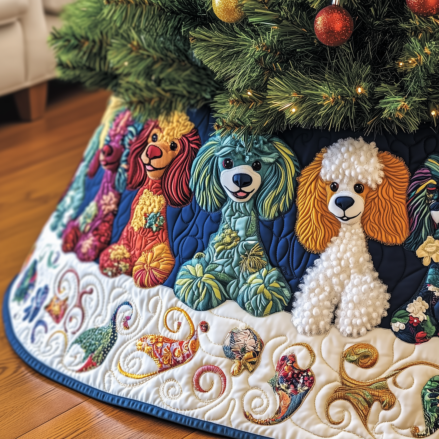 Christmas Colorful Poodle Quilted Tree Skirt GFTOAB903