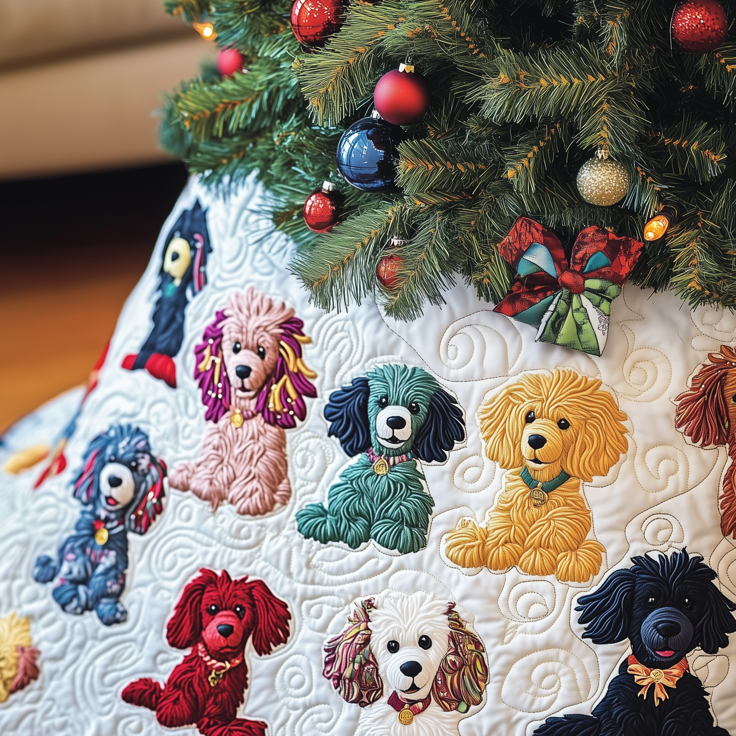 Christmas Colorful Poodle Quilted Tree Skirt GFTOAB909