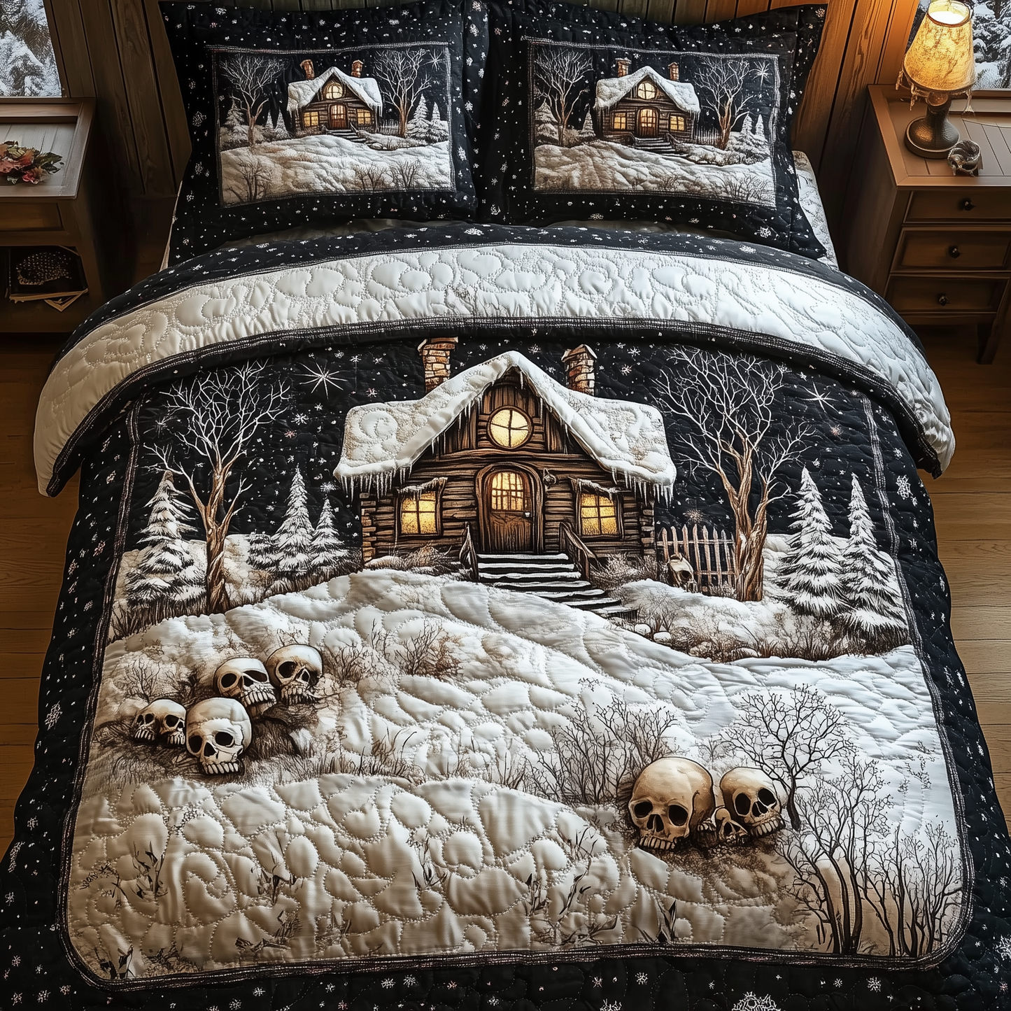 Mysterious Creepy Snow Cabin 3-Piece Quilted Bedding Set GFTOAB934