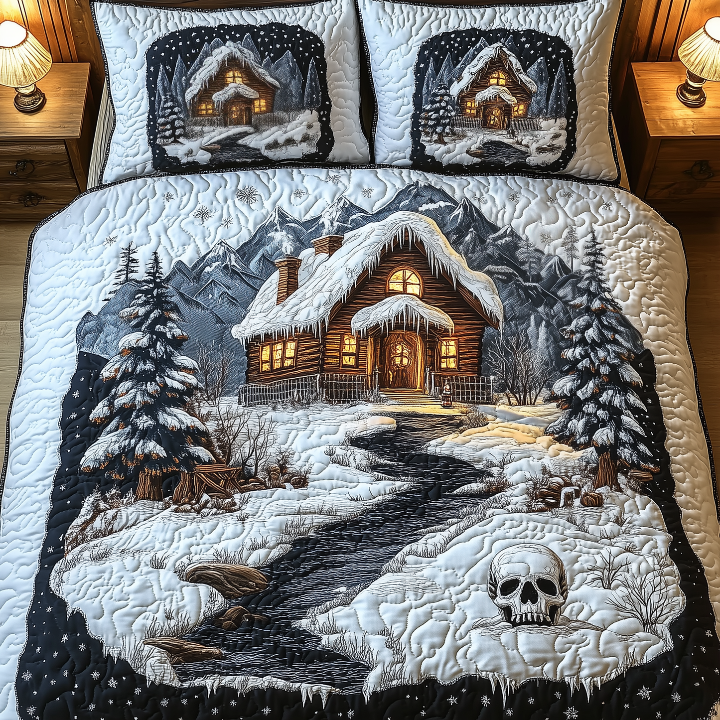 Mysterious Creepy Snow Cabin 3-Piece Quilted Bedding Set GFTOAB935