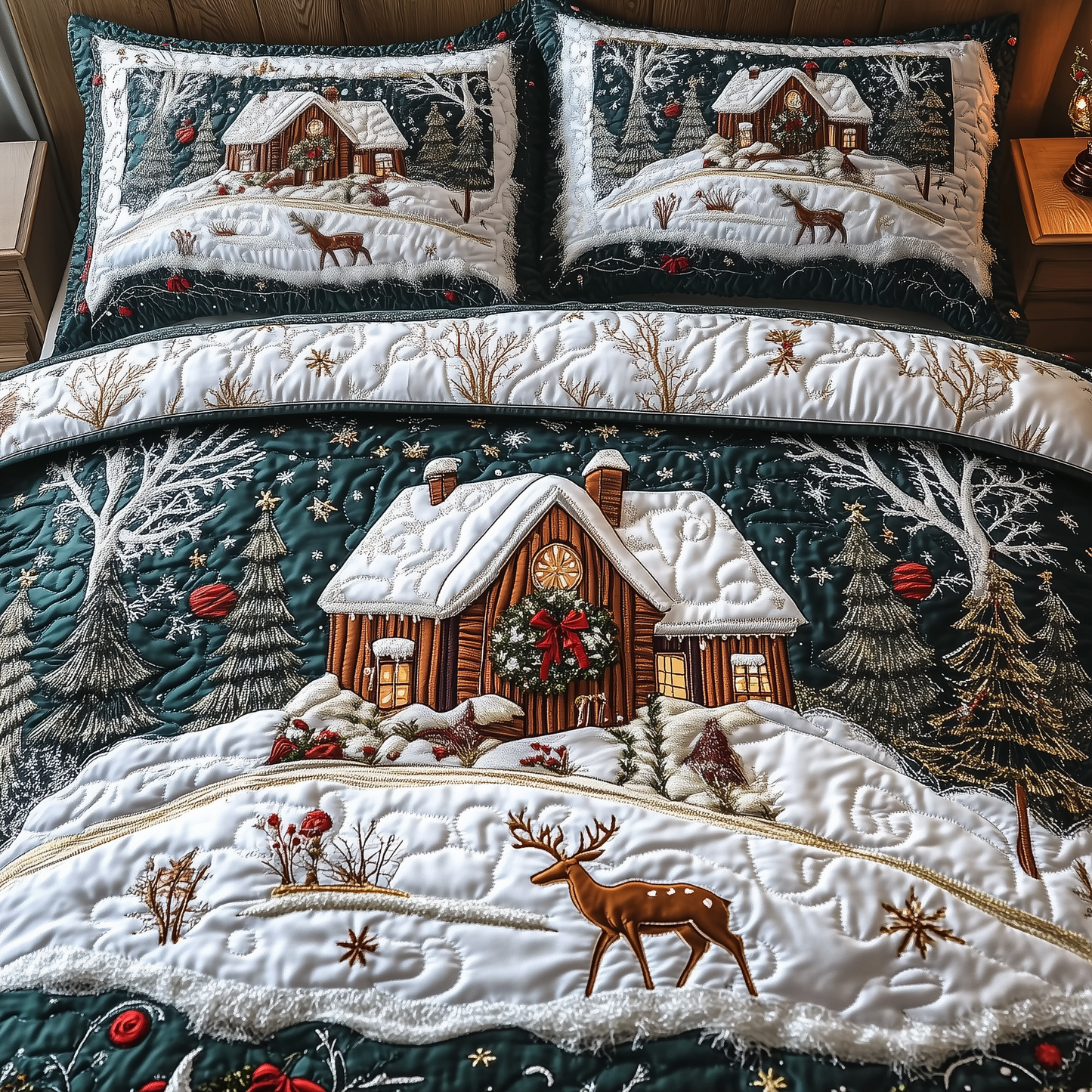 Enchanting Snow Cabin 3-Piece Quilted Bedding Set GFTOAB956