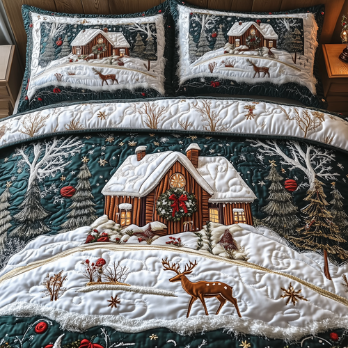 Enchanting Snow Cabin 3-Piece Quilted Bedding Set GFTOAB956