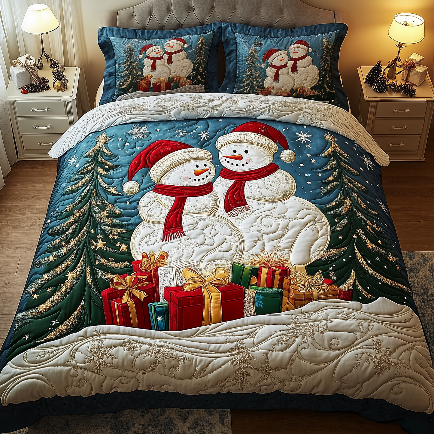 Holiday Cheerful Snowman 3-Piece Quilted Bedding Set GFTOHD1009