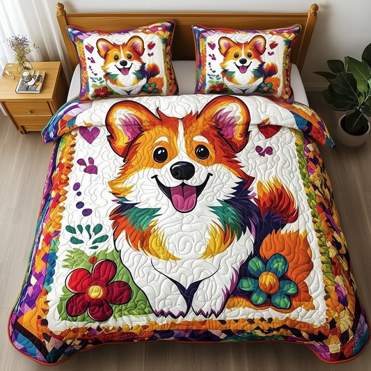 Vibrant Happy Corgi 3-Piece Quilted Bedding Set GFTOHD381