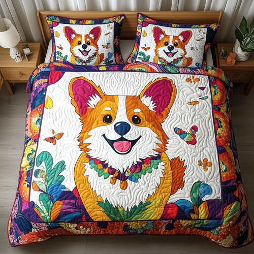 Vibrant Happy Corgi 3-Piece Quilted Bedding Set GFTOHD386