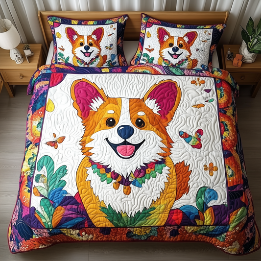 Vibrant Happy Corgi 3-Piece Quilted Bedding Set GFTOHD386