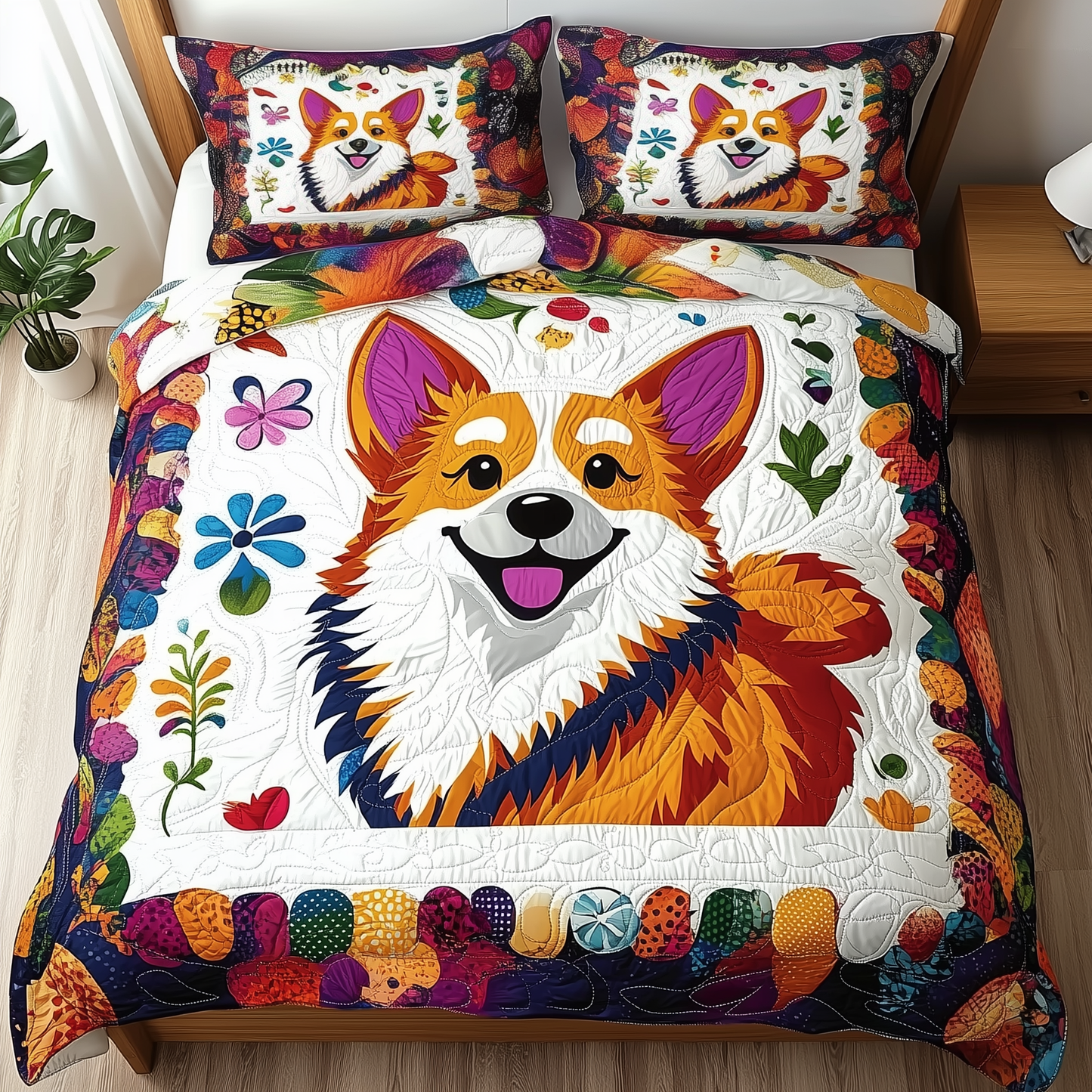 Vibrant Happy Corgi 3-Piece Quilted Bedding Set GFTOHD387