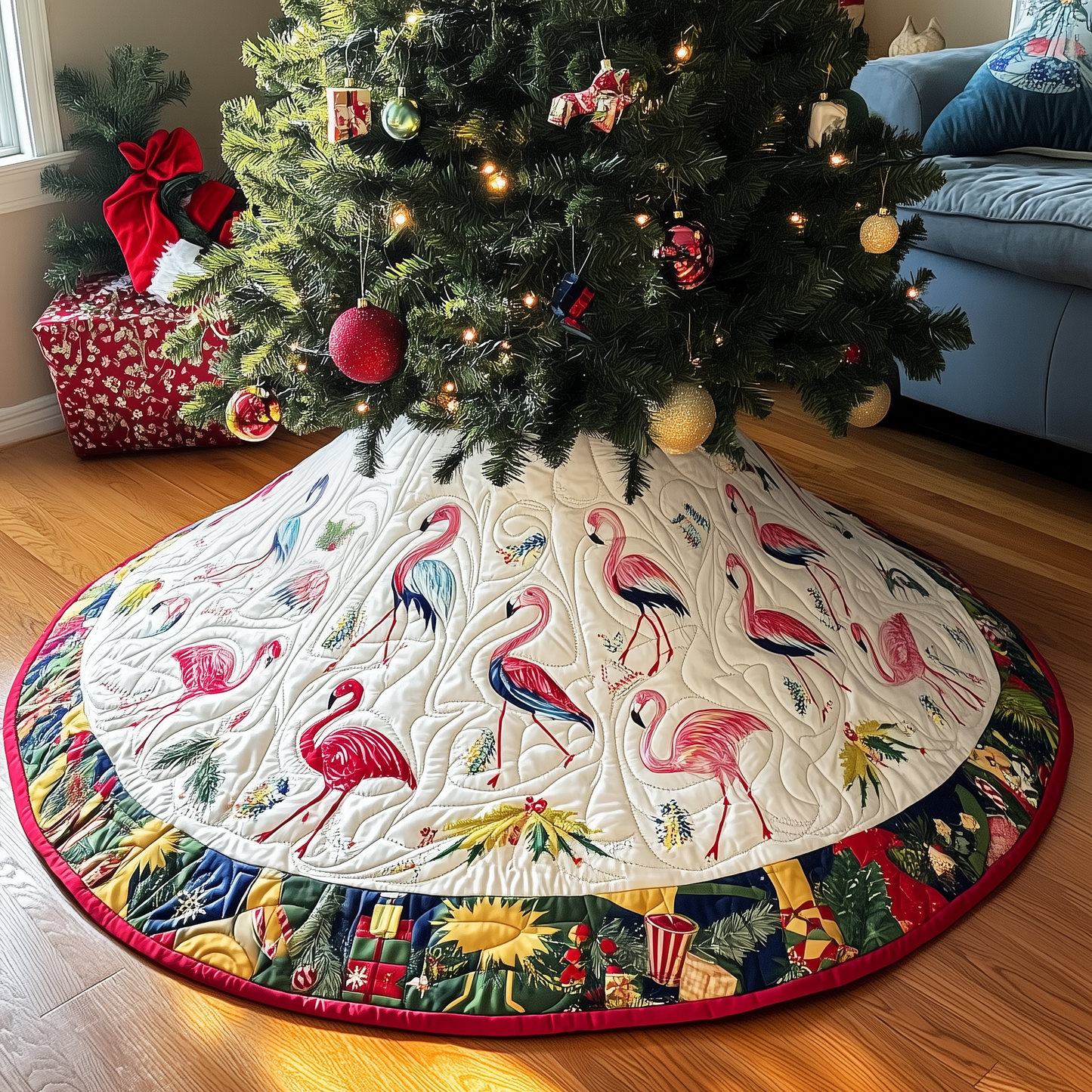 Christmas Flamingo Quilted Tree Skirt GFTOHD517