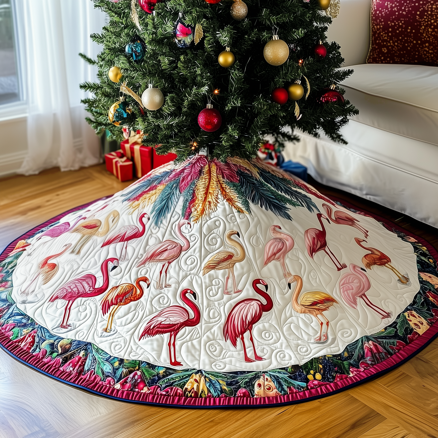 Christmas Flamingo Quilted Tree Skirt GFTOHD521