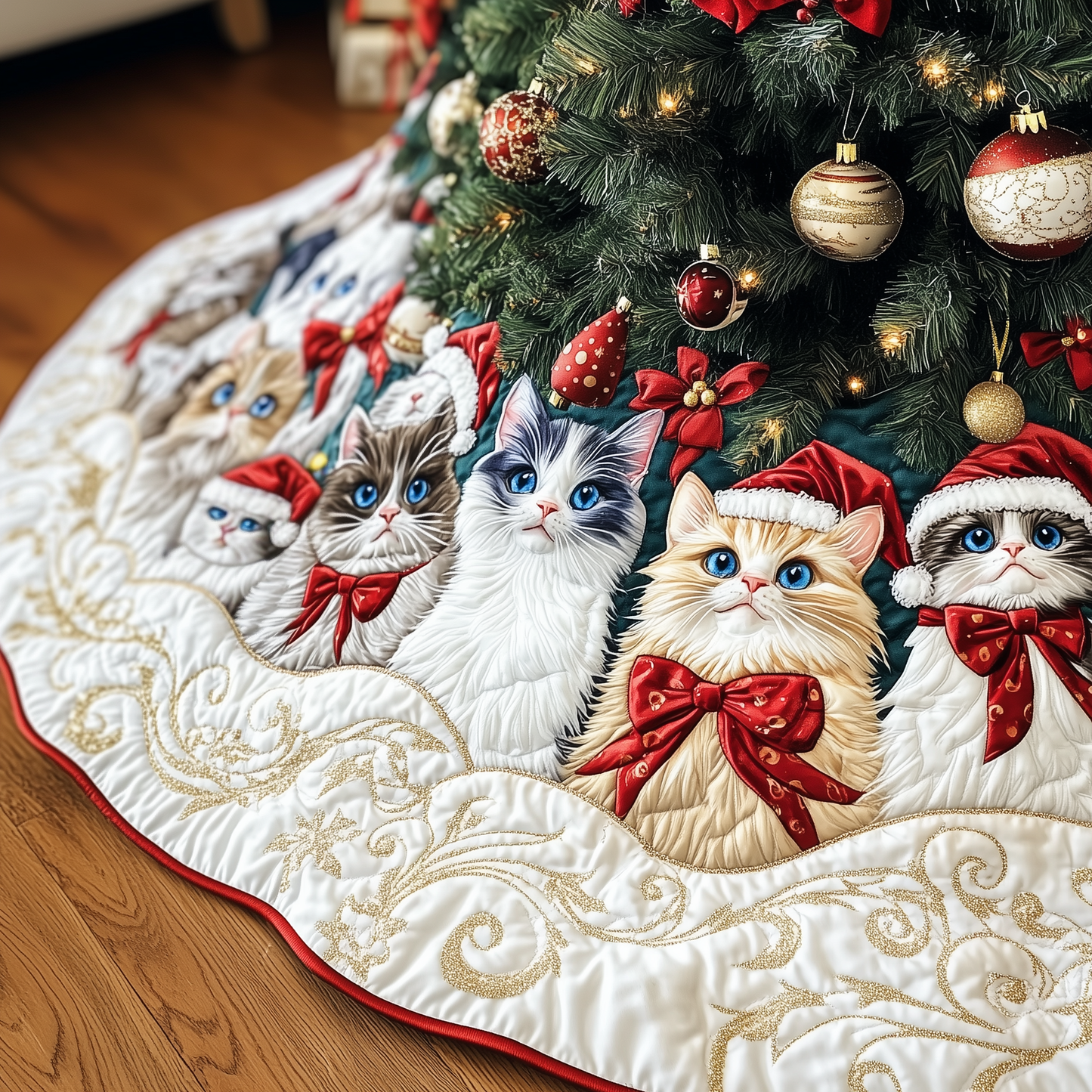 Festive Cat Quilted Tree Skirt GFTOHD599