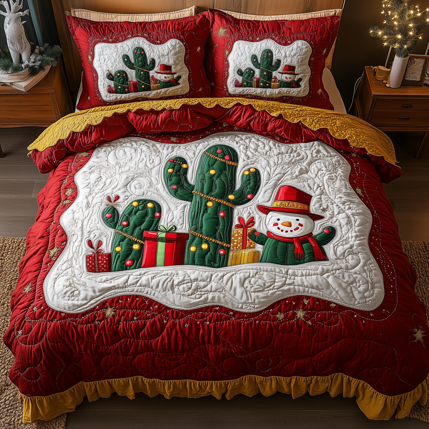 Christmas Joyful Cactus 3-Piece Quilted Bedding Set GFTOHD967