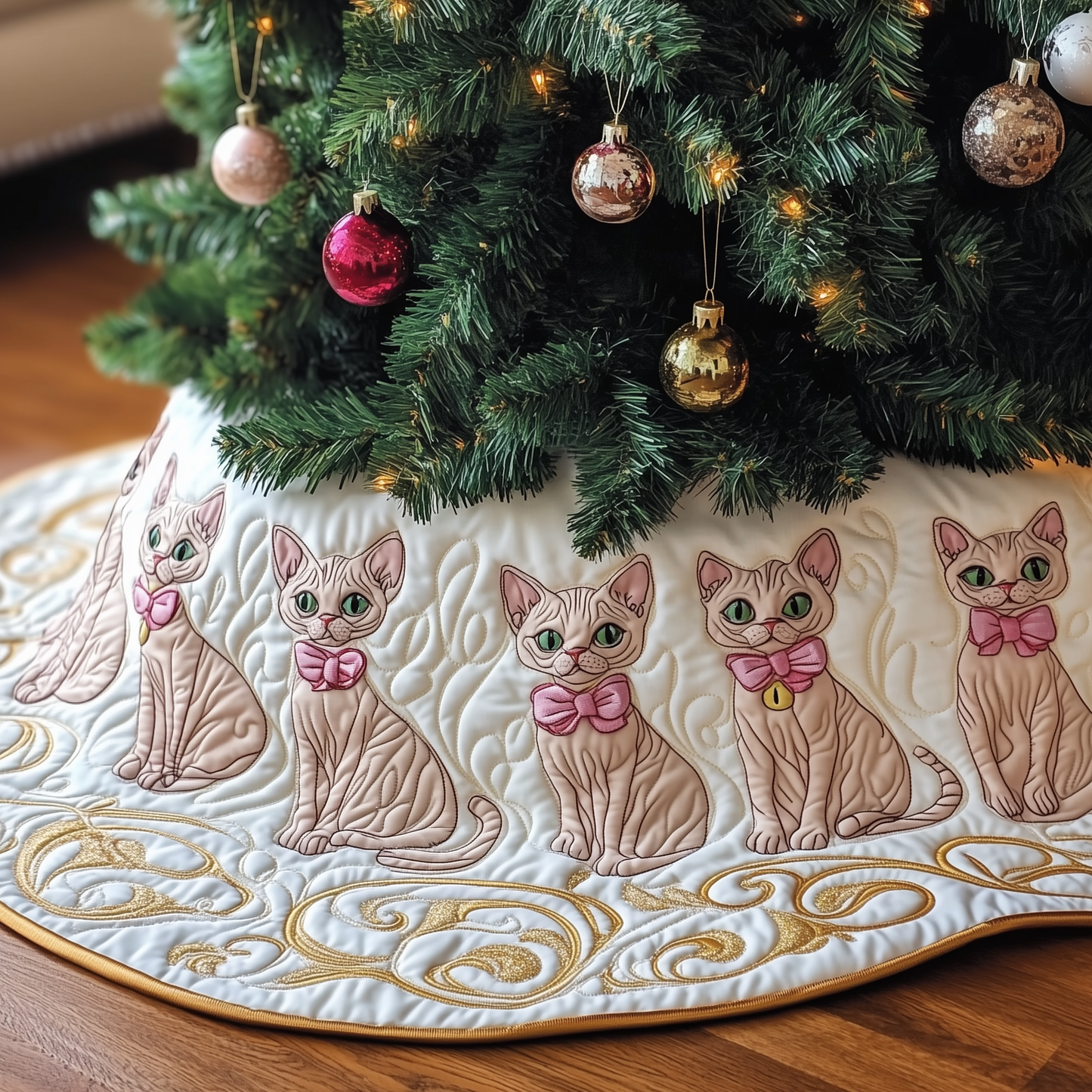 Christmas Joyful Sphynx Cat Quilted Tree Skirt GFTOHD975