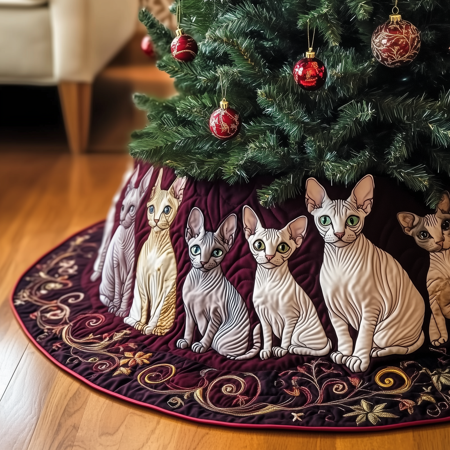 Christmas Joyful Sphynx Cat Quilted Tree Skirt GFTOHD976