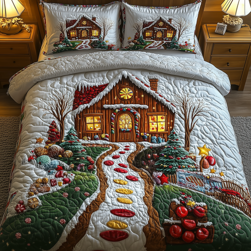 Christmas Candy Cabin 3-Piece Quilted Bedding Set GFTOHD994