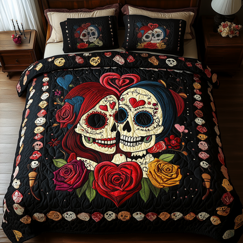 Sugar Skull Couple 3-Piece Quilted Bedding Set GFTONL1145