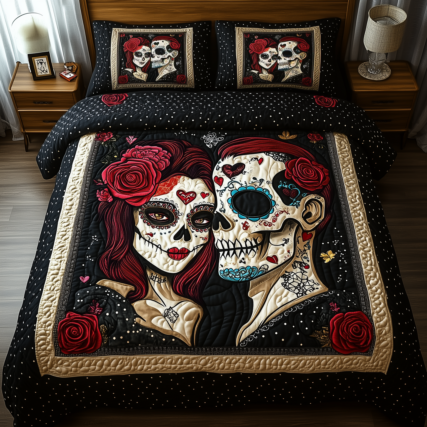 Sugar Skull Couple 3-Piece Quilted Bedding Set GFTONL1146