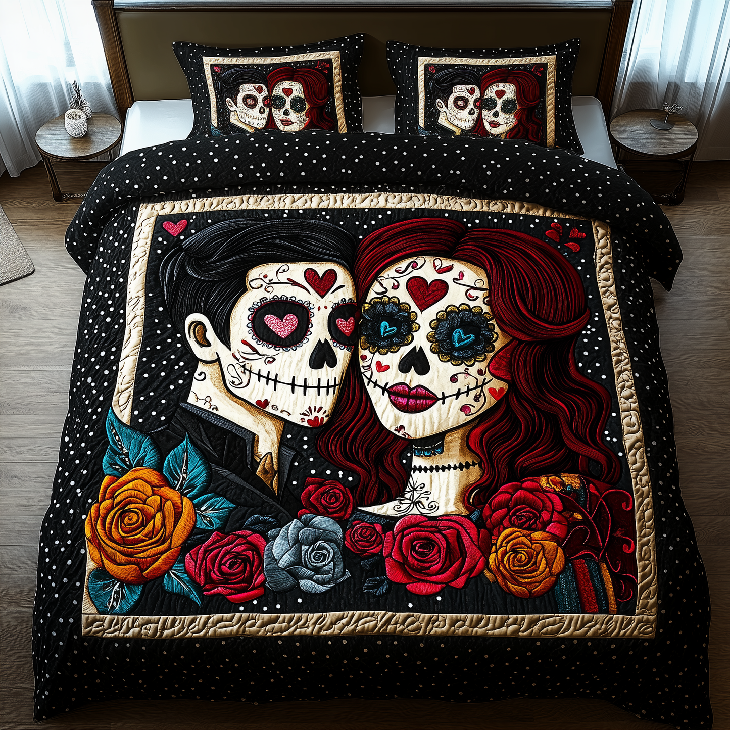 Sugar Skull Couple 3-Piece Quilted Bedding Set GFTONL1147