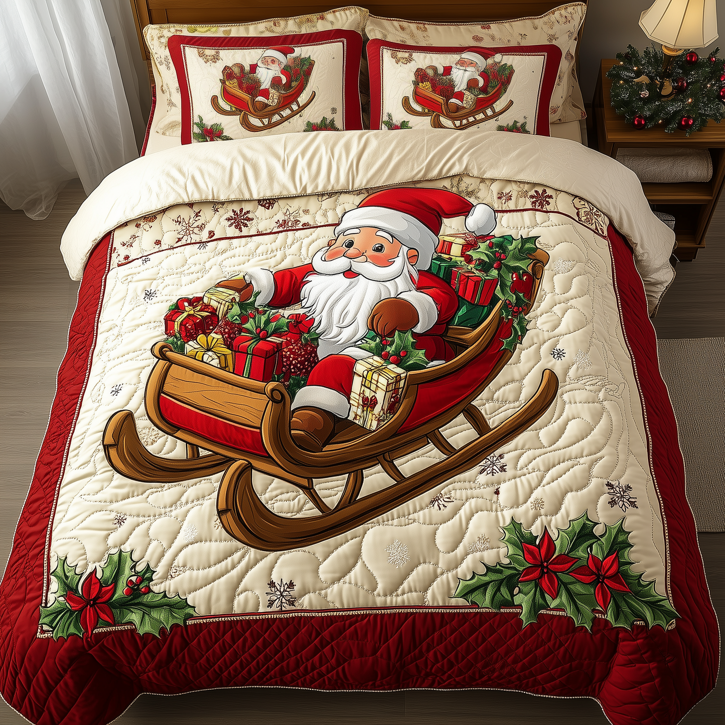 Joyful Santa Claus 3-Piece Quilted Bedding Set GFTONL1202