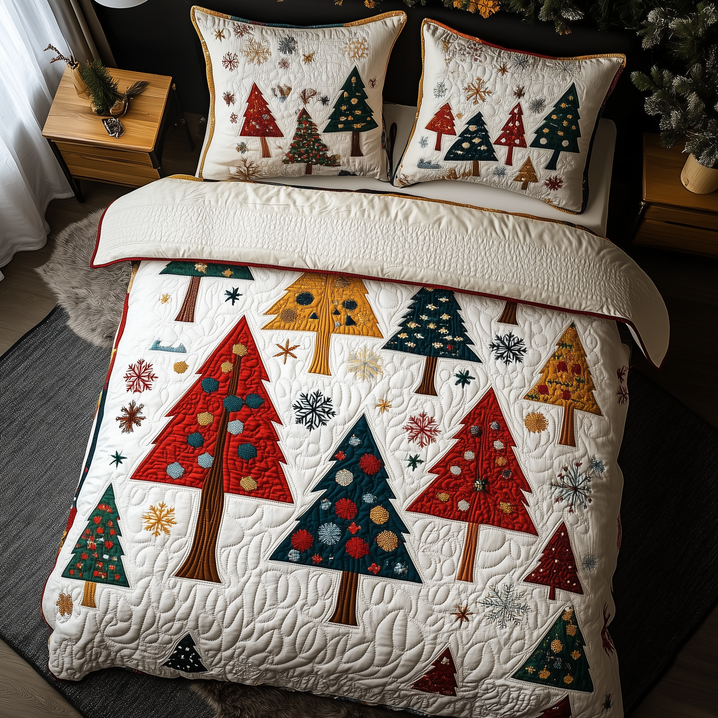 Festive Christmas Tree 3-Piece Quilted Bedding Set GFTONL1225