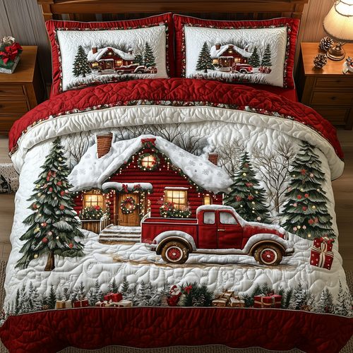 Vintage Red Truck And Cabin 3-Piece Quilted Bedding Set GFTONL1305