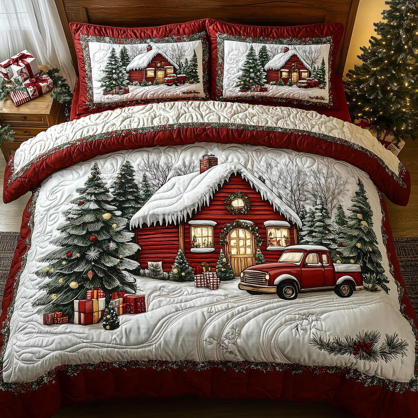 Vintage Red Truck And Cabin 3-Piece Quilted Bedding Set GFTONL1306