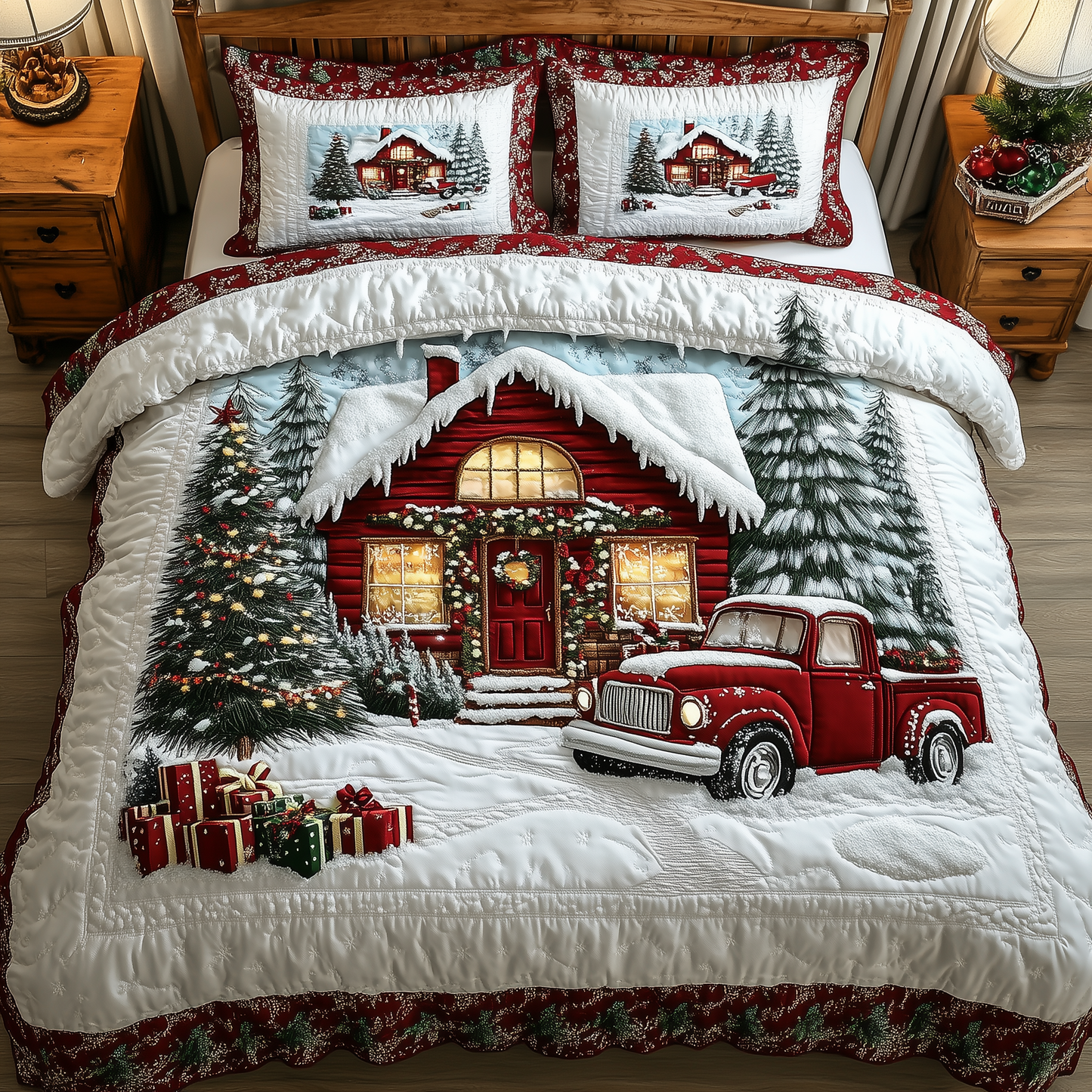 Vintage Red Truck And Cabin 3-Piece Quilted Bedding Set GFTONL1309