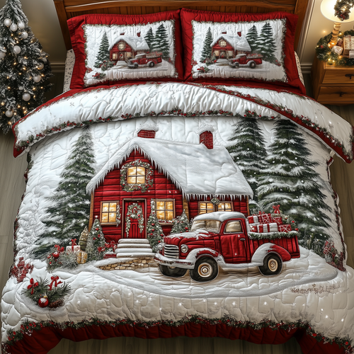 Vintage Red Truck And Cabin 3-Piece Quilted Bedding Set GFTONL1310