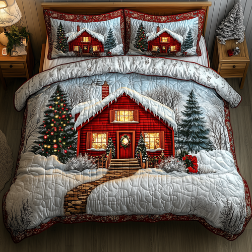 Vintage Red Truck And Cabin 3-Piece Quilted Bedding Set GFTONL1316