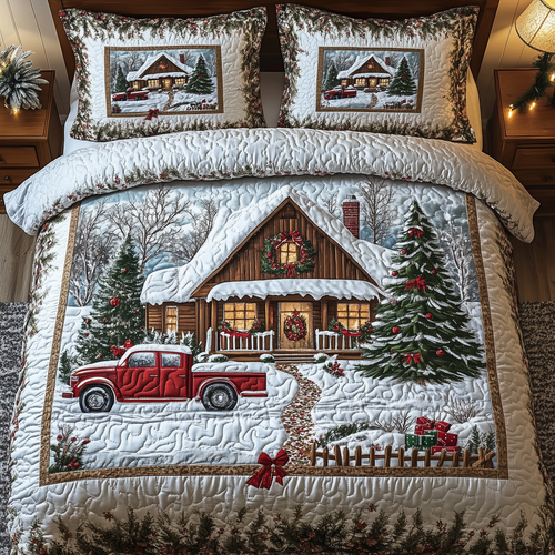 Vintage Red Truck And Cabin 3-Piece Quilted Bedding Set GFTONL1317