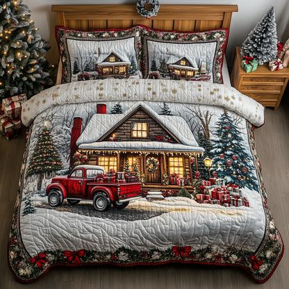 Vintage Red Truck And Cabin 3-Piece Quilted Bedding Set GFTONL1318